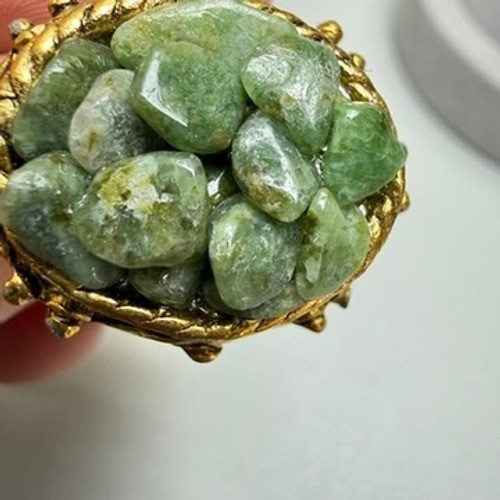 Vintage Gold Tone Green Stone Ring and Bracelet Set MCM Etruscan Revival Chic