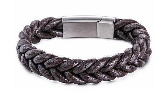 Unisex Black or Brown Stainless Steel and Woven Leather Cuff Bracelet Wristband