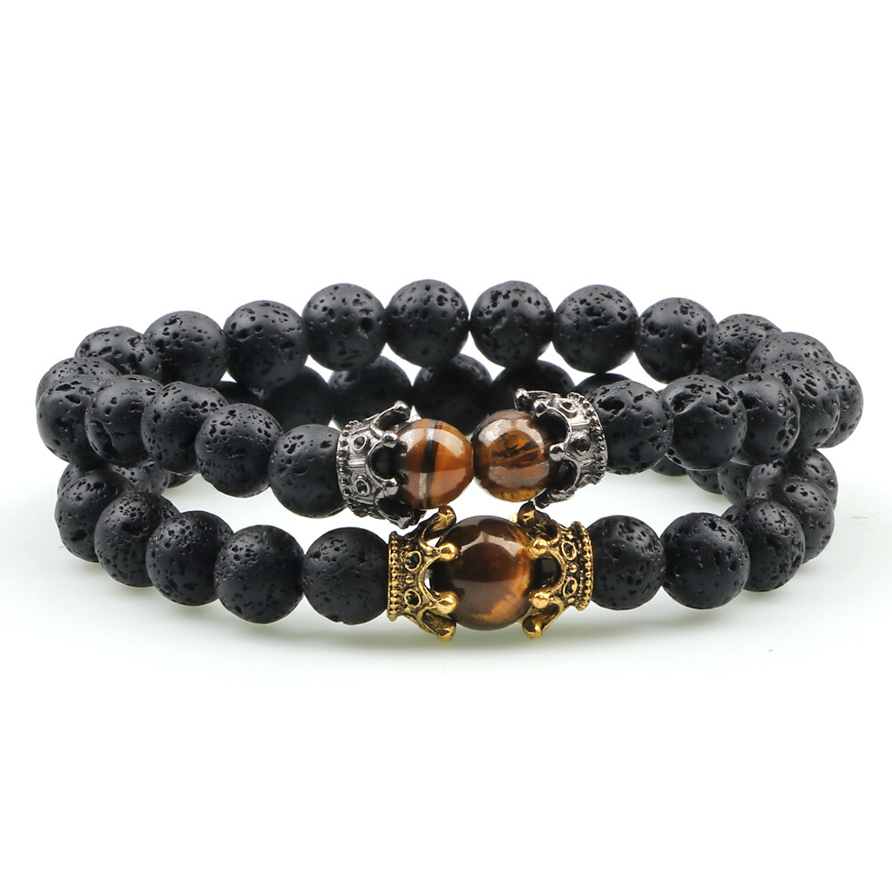 Black Lava Stone Crown Charm Tiger Eye Beads Braided Bracelet For Men Women Gift