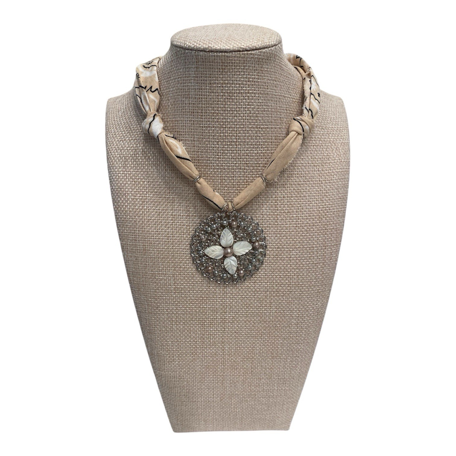 Boho Beige Bandana Scarf Necklace with Shell Flower Pendant