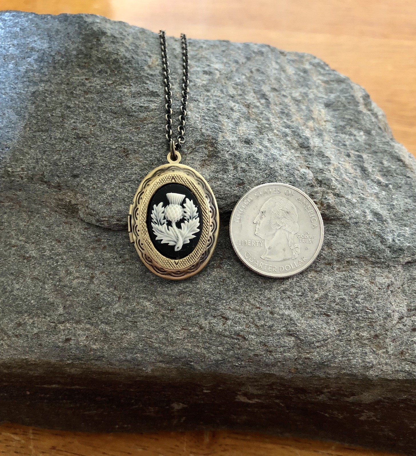 Thistle Cameo Locket Necklace, Scottish, Scotland National Emblem, Celtic, Brass