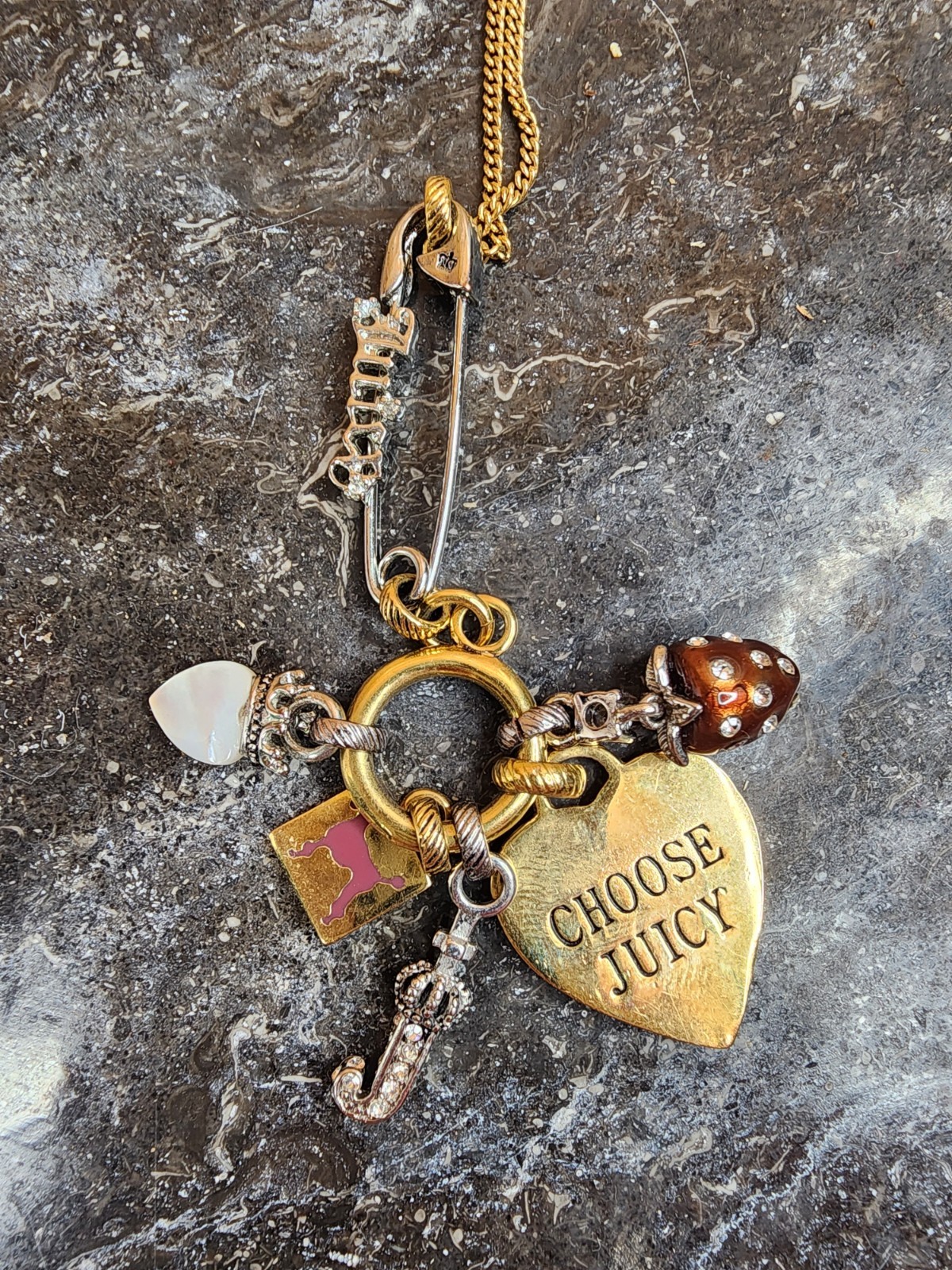 JUICY COUTURE Charm Necklace Safety Pin Strawberry Toggle Closure 17″