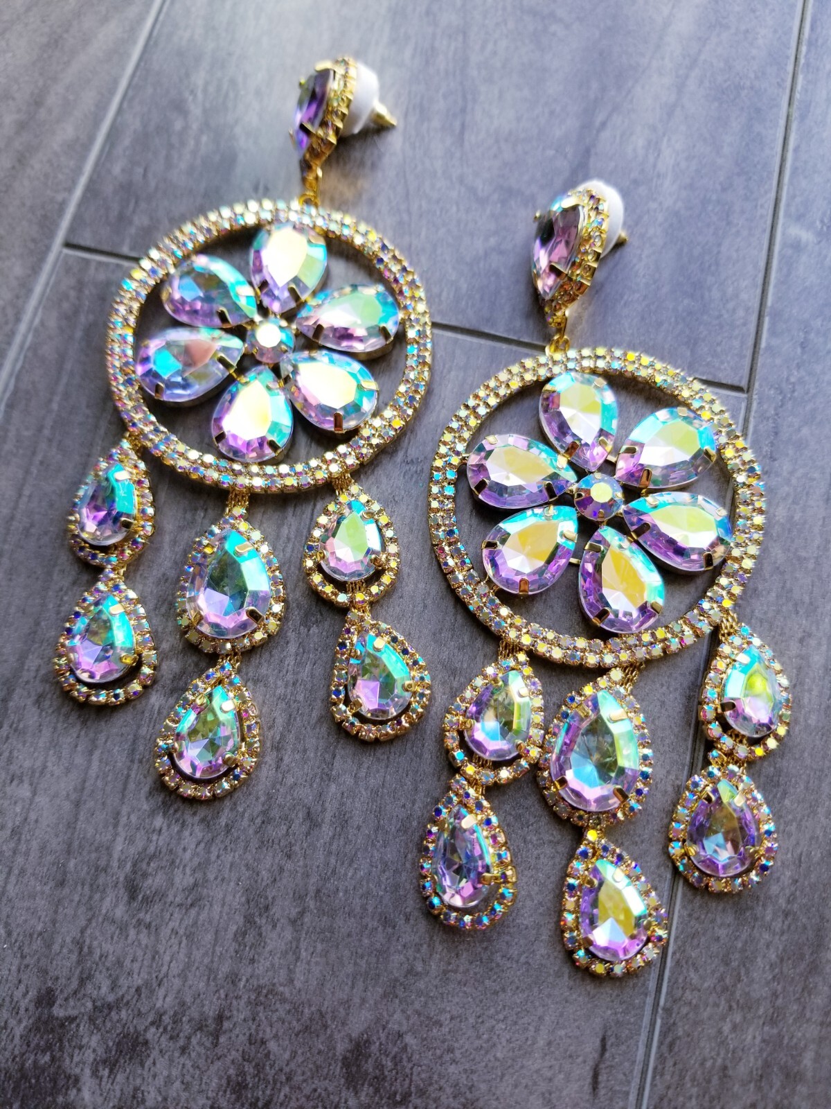 AB Iridescent Rhinestone Chandelier Drop Dangle Earrings 5.5 inch Jewelry
