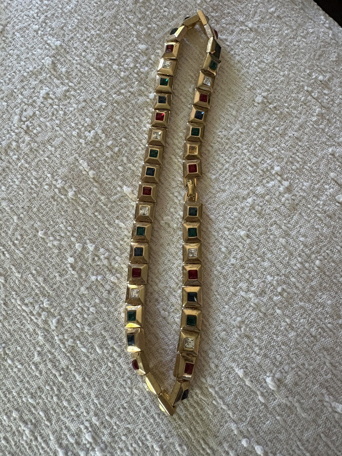 Colorful Squares of Rhinestones Set in Gold Toned Necklace