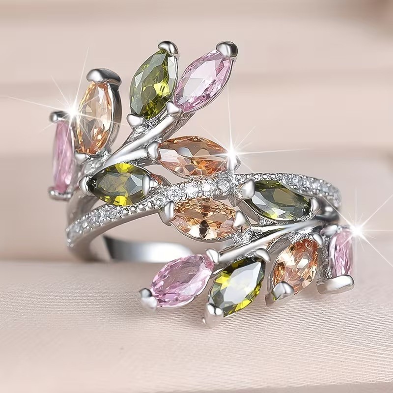 925 Sterling Silver Rainbow Rhinestone Leaves Engagement Ring One Size Fit All