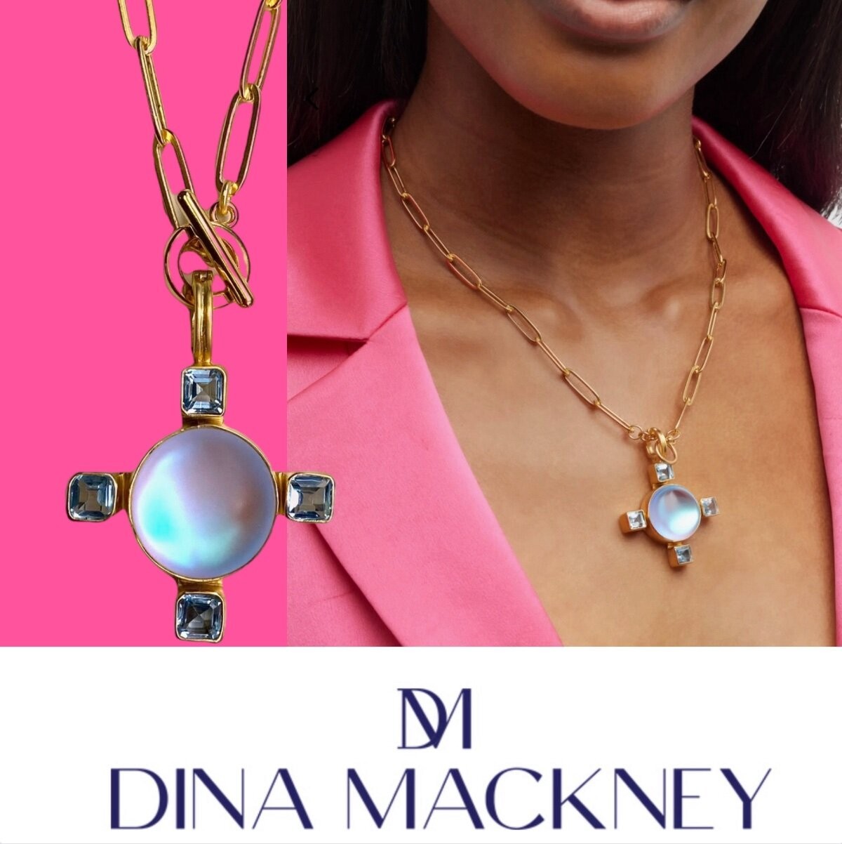 Dina Mackney Necklace Pendant 18K Gold Jewelry Luminite Blue Topaz Jewelry Gift