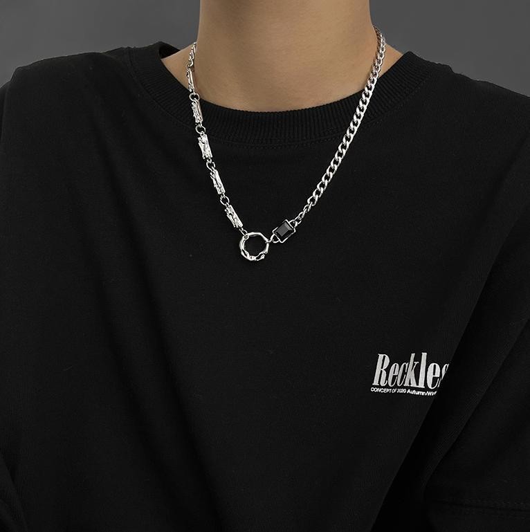 Silver Titanium Mixed Link Necklace Square Black Zirconia Clasp Unisex Jewelry