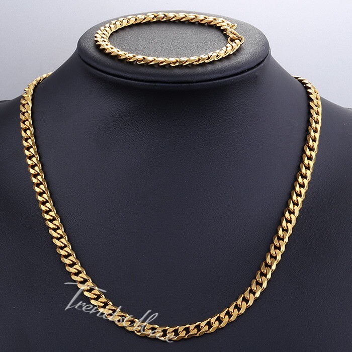 7MM Necklace Bracelet SET Stainless Steel Chain Gold Plated Cuban Link For MEN