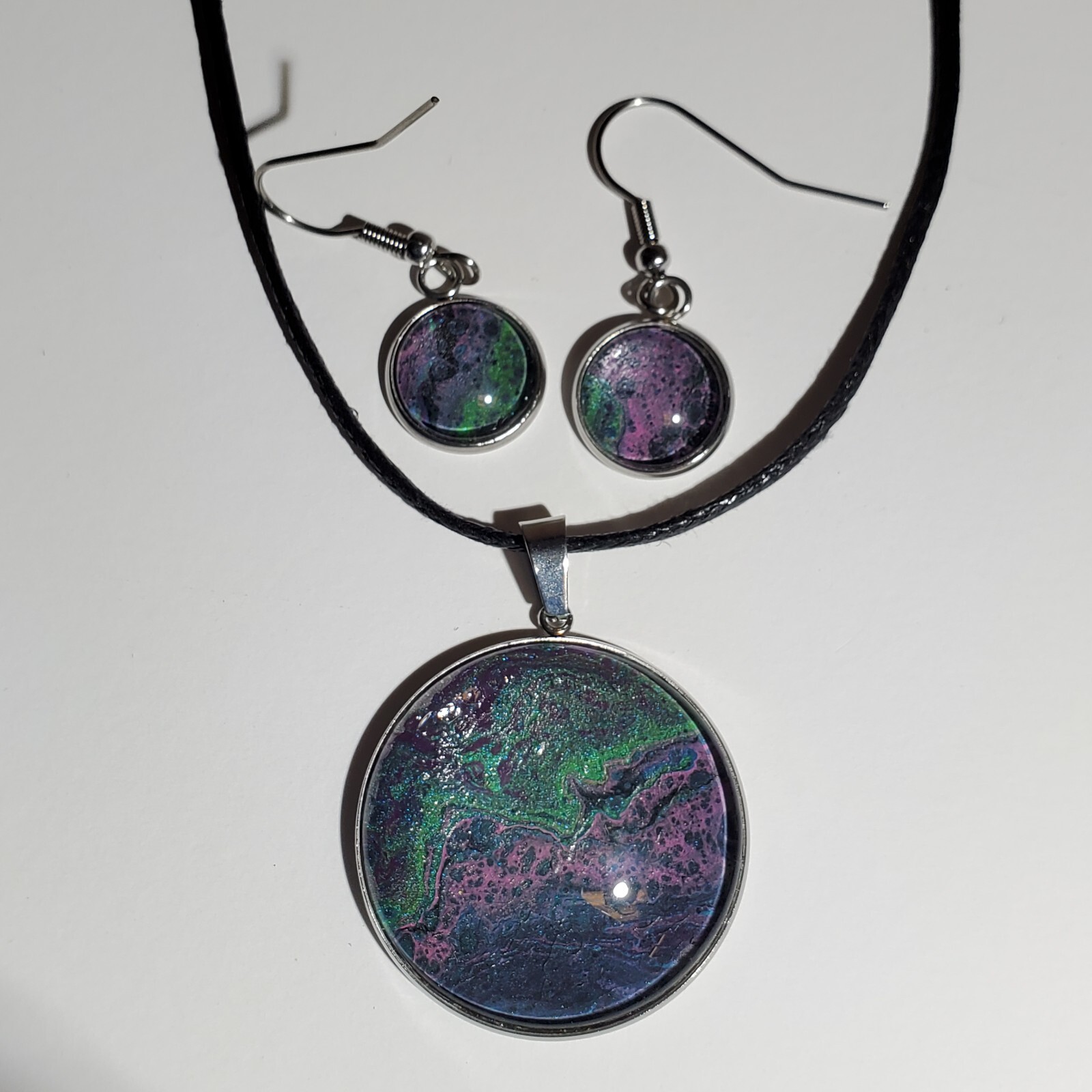 Necklace and Earrings Set, Acrylic Paint Pour Painting Jewelry, A14