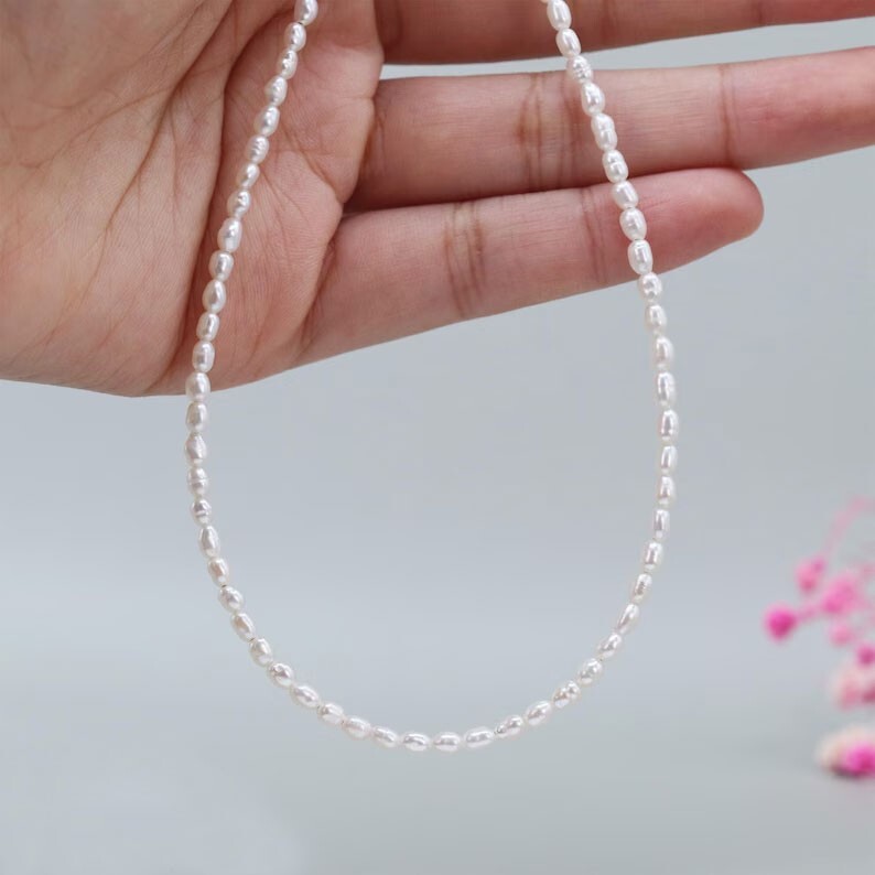 Tiny Freshwater Rice Pearl Beaded Dainty Choker Necklace June Birthstone Gifts