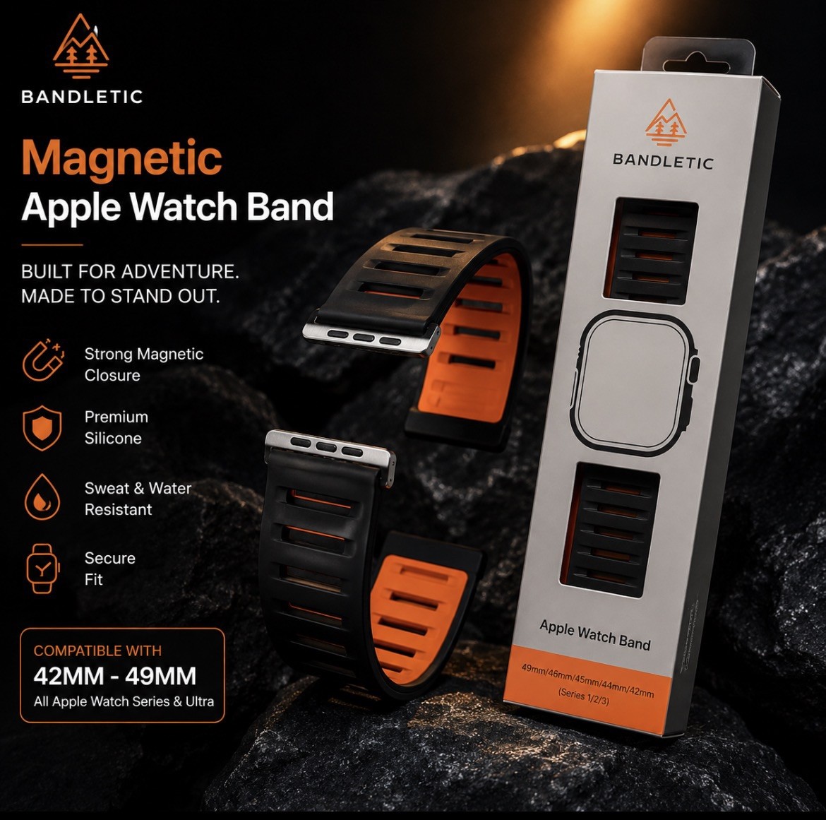 Apple Watch Band 49mm 46mm 45mm 44mm 42mm Magnetic Silicone Sport Bandletic Dual