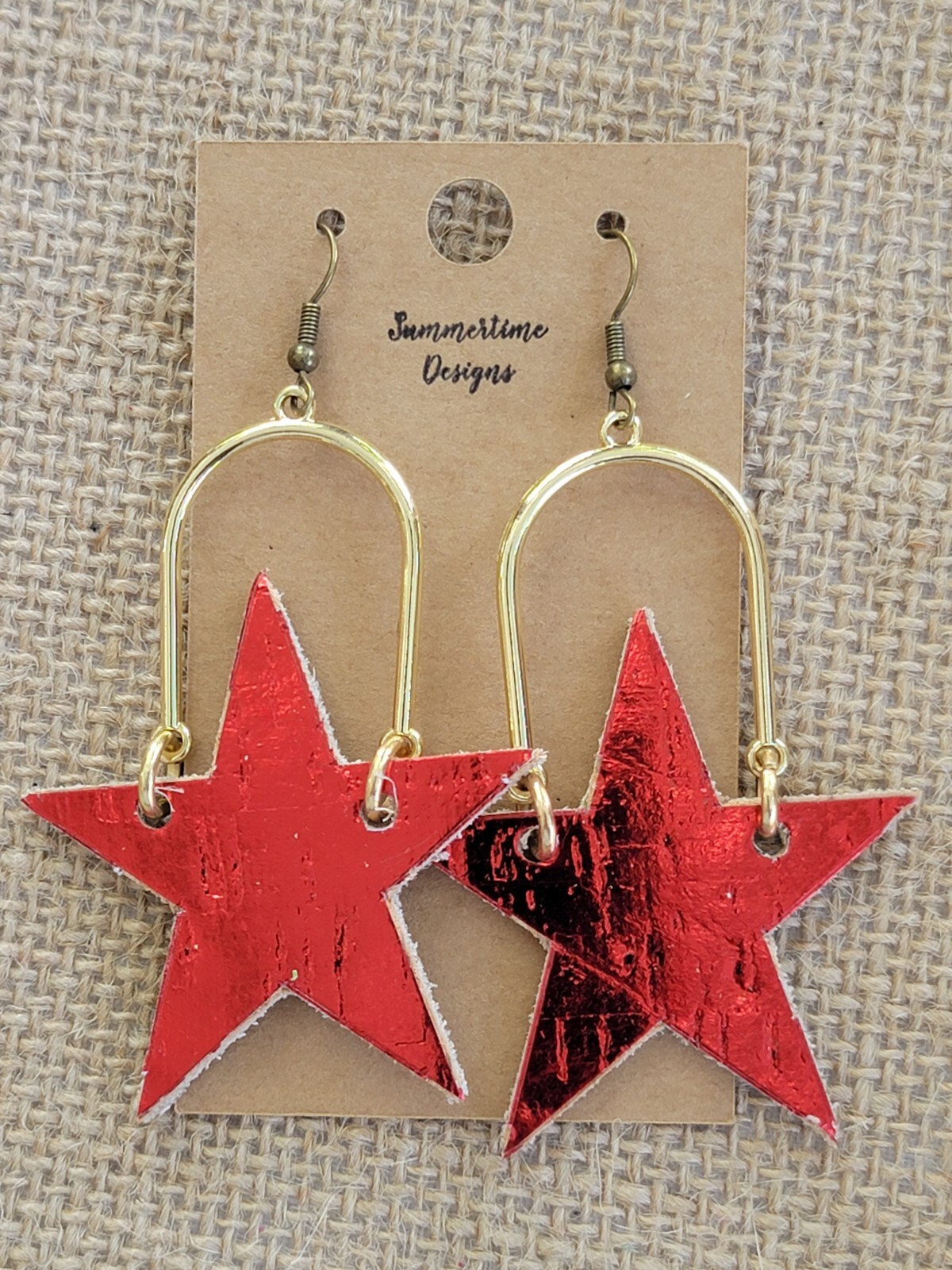GENUINE Leather Backed Cork Star Cut Earrings Metallic Red 2.5″