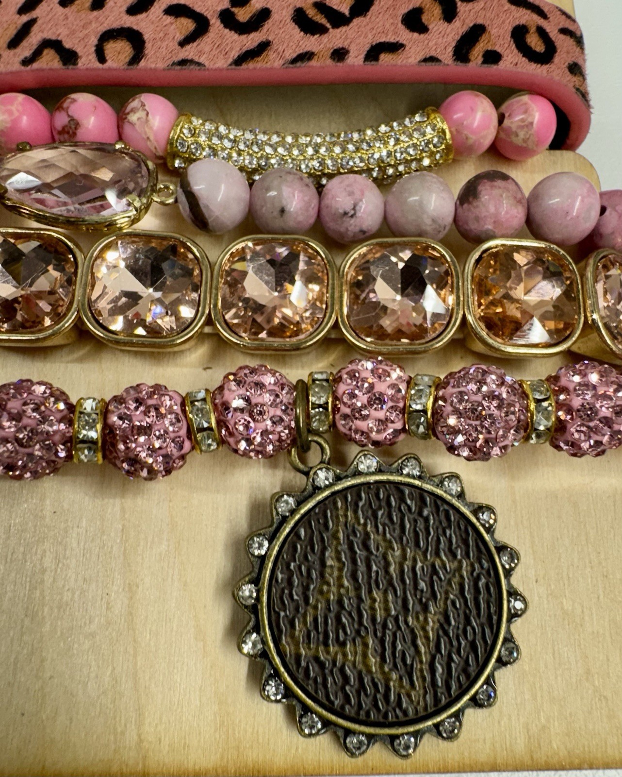SANDRA LING UPCYCLED BRACELET STACK ACRYLIC AND GLASS LEATHER GOLD TONE PINK