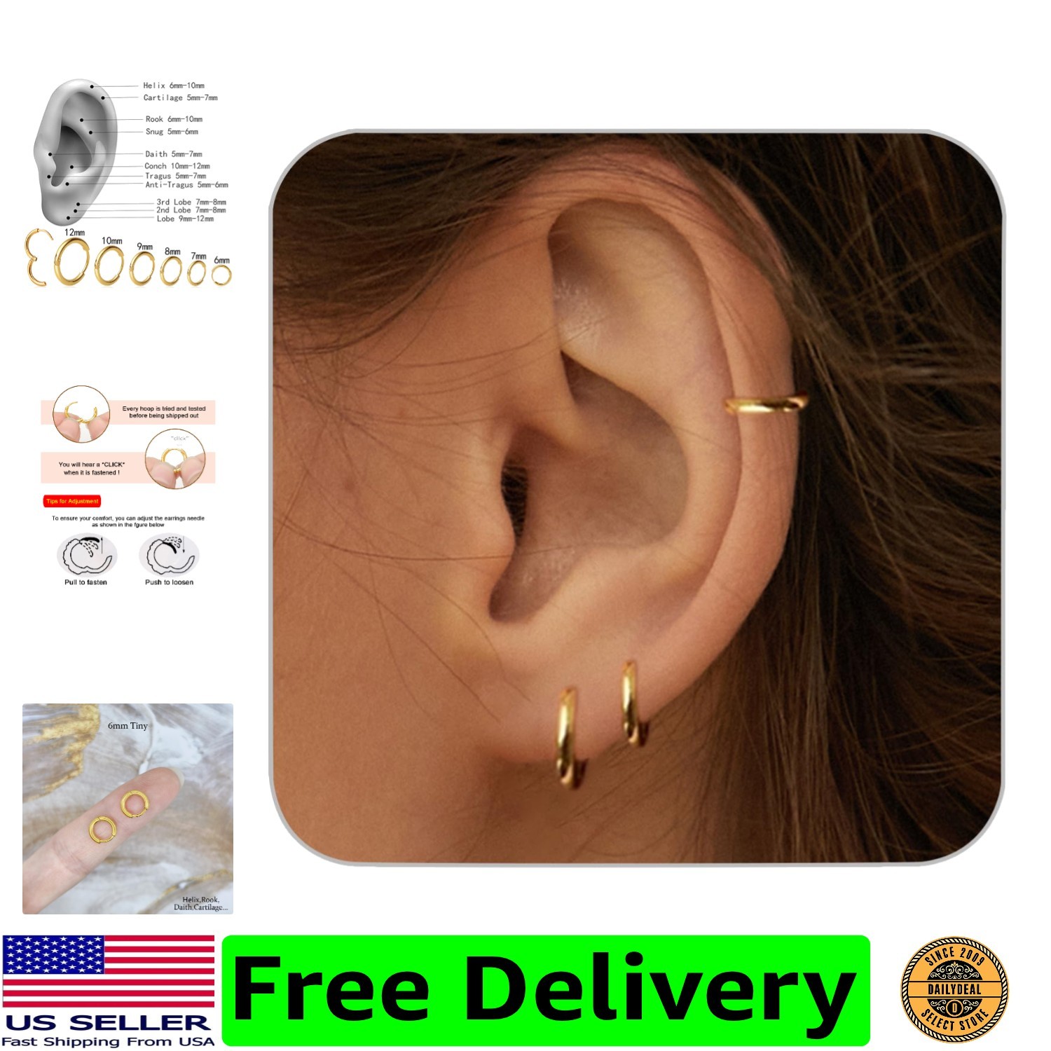 1 Pair 6mm Small Hoop Earrings for Women, Dainty 14K Gold Plated Huggie Hoop …