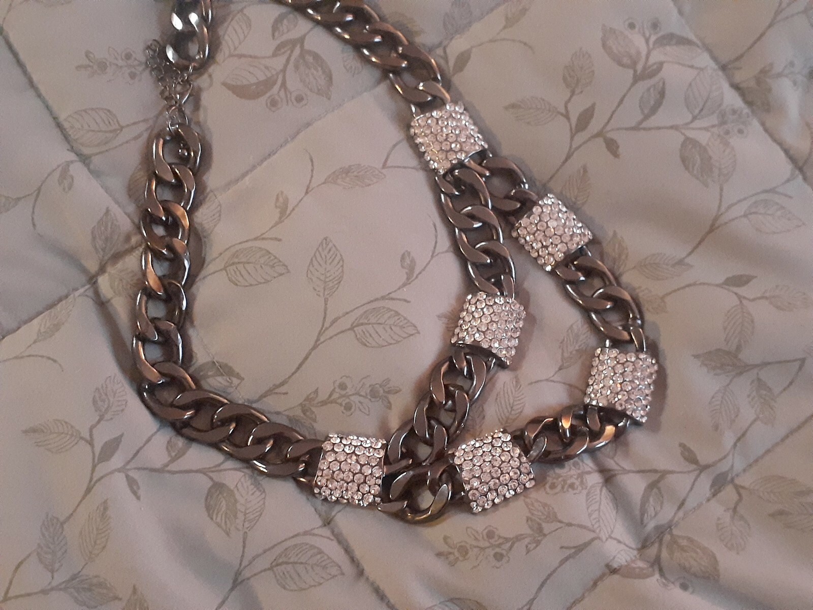Gun Metal Grey Multi Oval Link Rhinestone Statement double strand necklace. 21″
