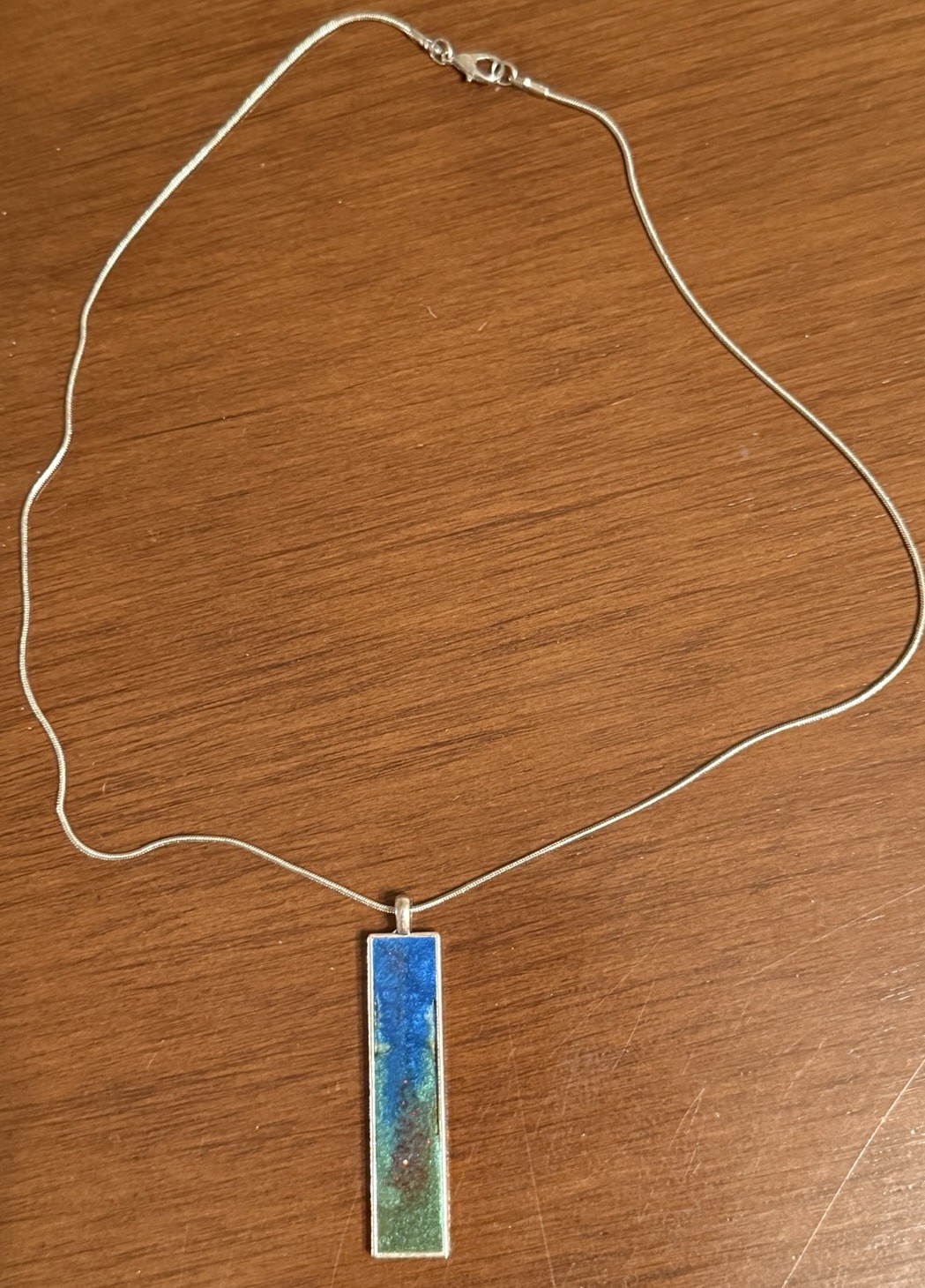 Handmade Pendant Necklace – Silver Chain Blue Green Ombre Wearable Art Jewelry