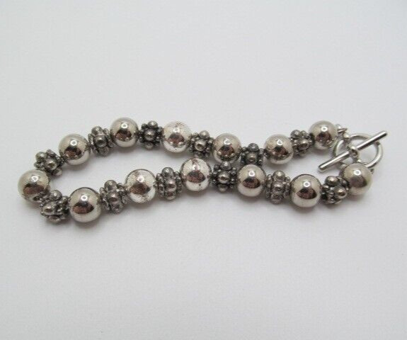 Silver Tone Metal Ball Bead 8mm Round & Mini Beaded Chain Toggle Bracelet 8 Inch
