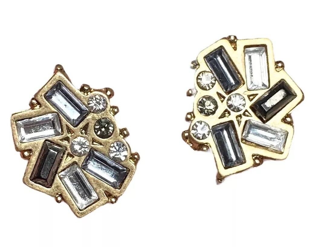 Matte Gold Tone Cluster Setting Stud Earrings Clear Gray Baguette Rounds