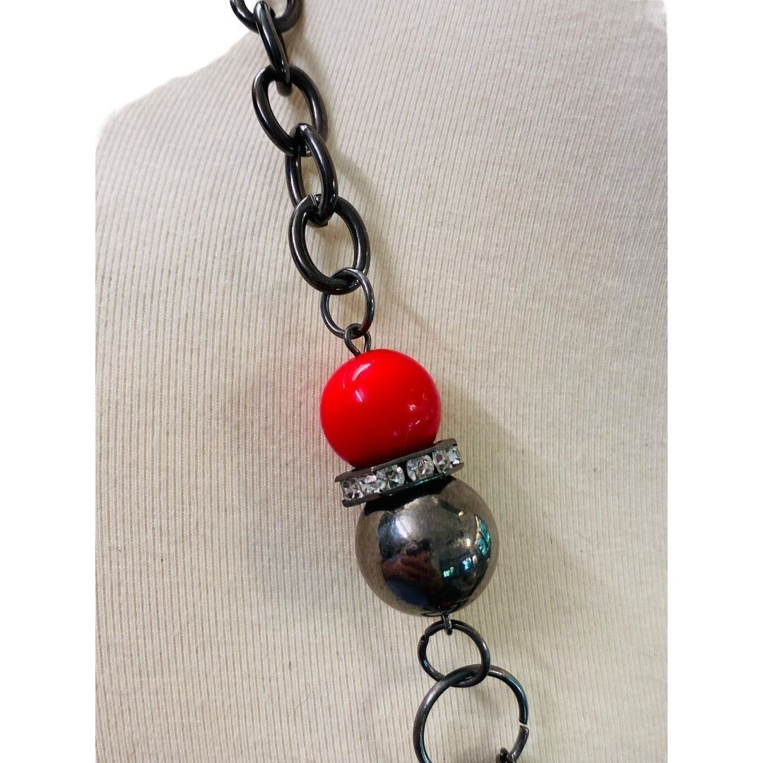 Pewter Color Layered Look Necklace Red Bead Lobster Clasp 27″ Long