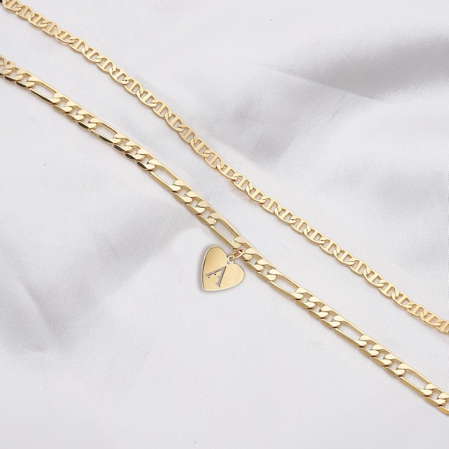 14k Gold Initial Ankle Bracelet for Women 10k Solid Gold Layered Figaro Anklets