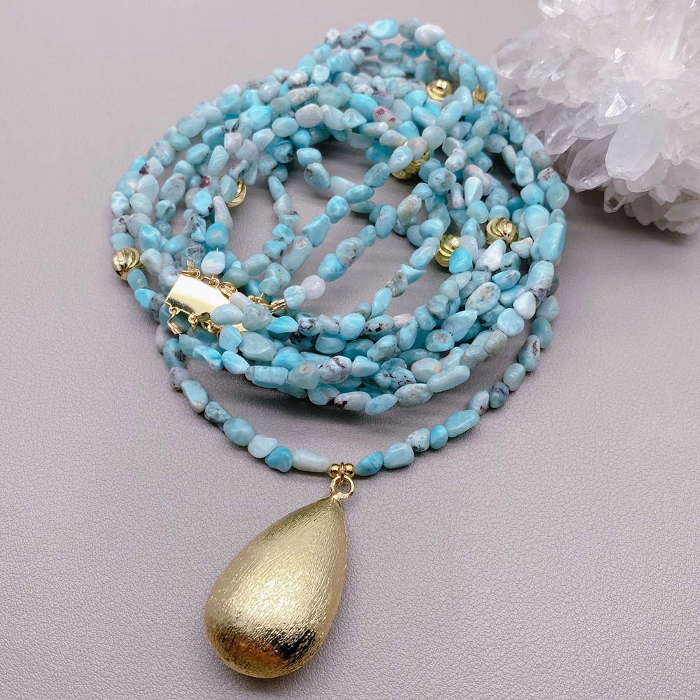 5 Rows Blue Larimar Beads Teardrop Layered Pendant Necklace Bohemia Jewelry