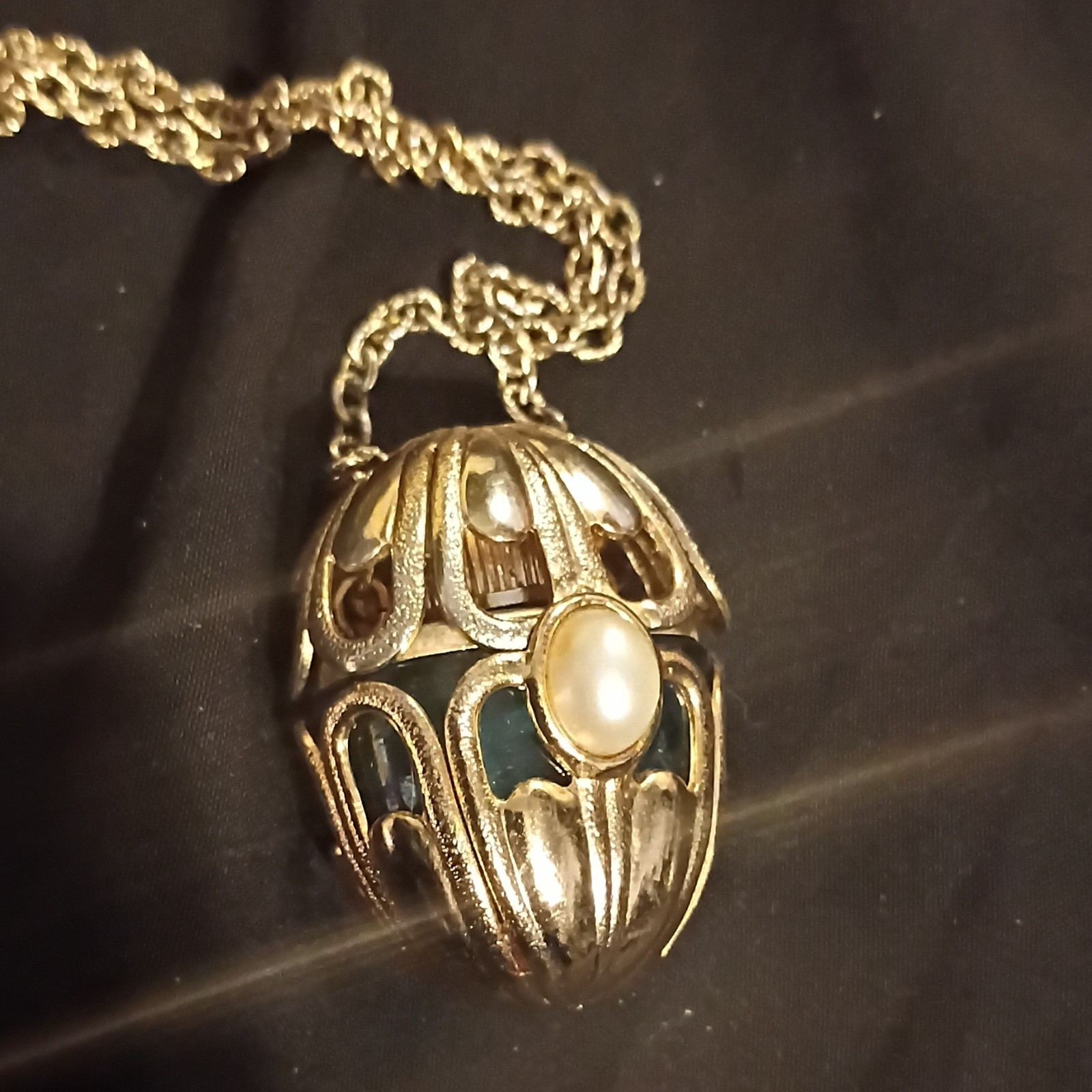 Gold Tone Glass Perfume Bottle Necklace, Avon, Long Chain.
