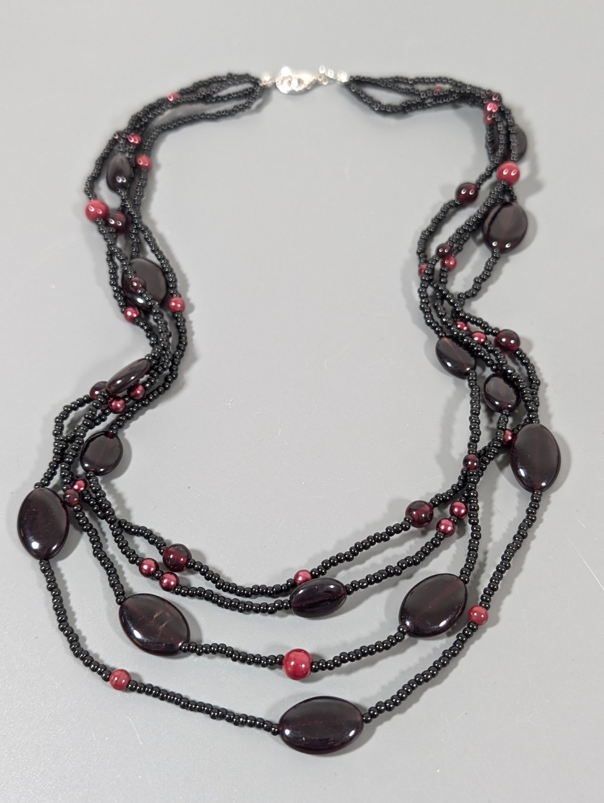 Deep Red and Black Bead Multi Strand Necklace Layered Gothic 18″
