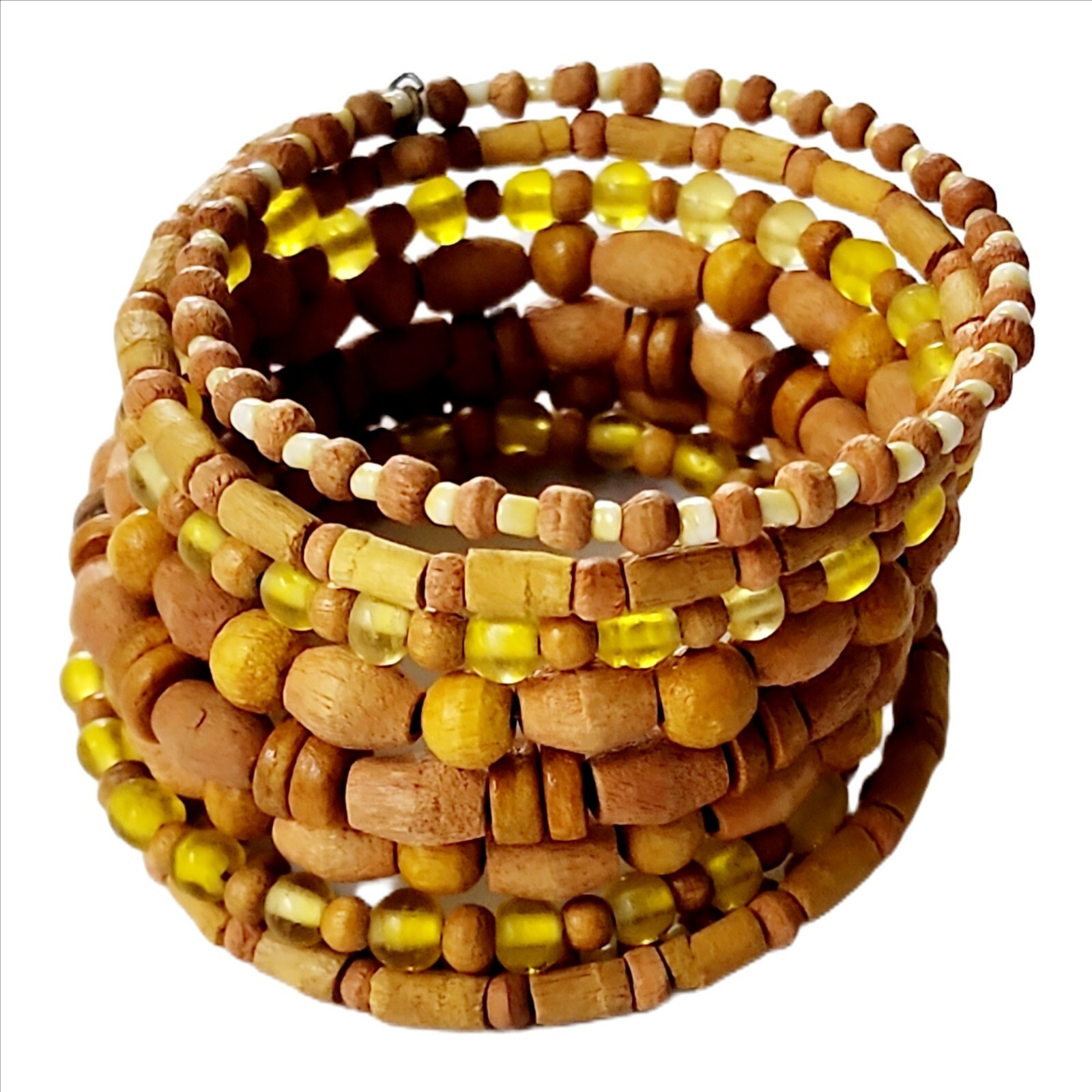 Yellow Glass and Wood Bead Memory Wire Tribal Style Wrap Bracelet Boho