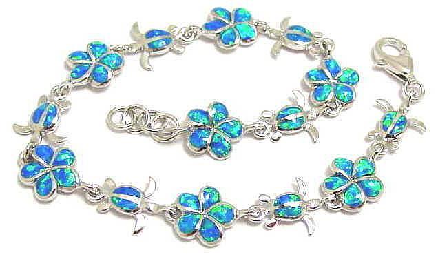 INLAY OPAL SILVER 925 HAWAIIAN PLUMERIA FLOWER HONU TURTLE LINK BRACELET 7″+