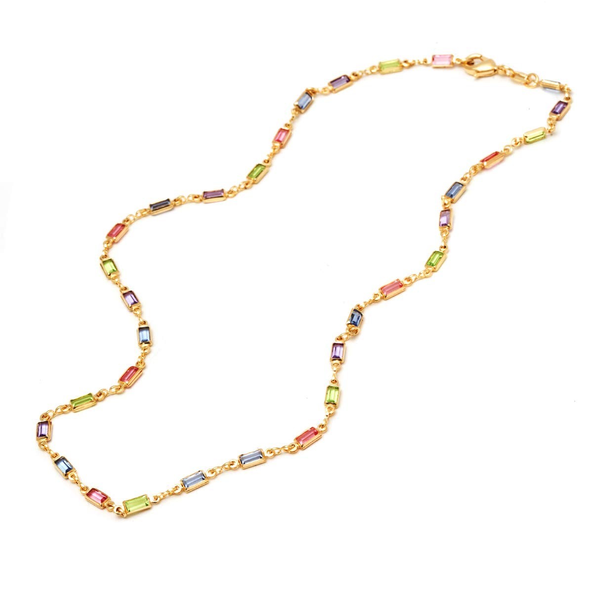 18K Gold Plated Multi-Stone Crystal Baguette Necklace for Women – Handmade in Br