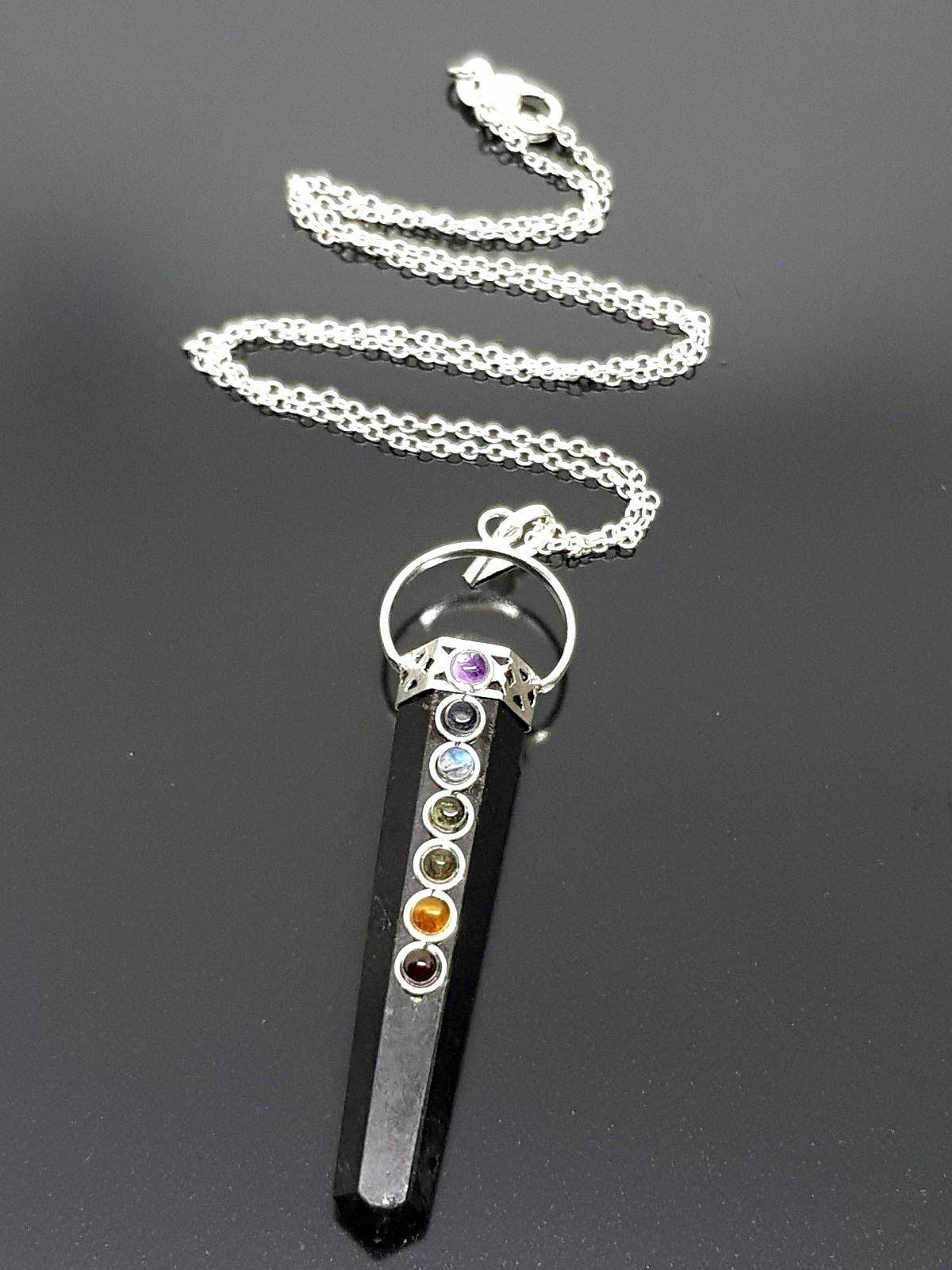 Black Tourmaline Crystal Double Point 7 Chakra Stone Pendant Necklace Reiki Heal