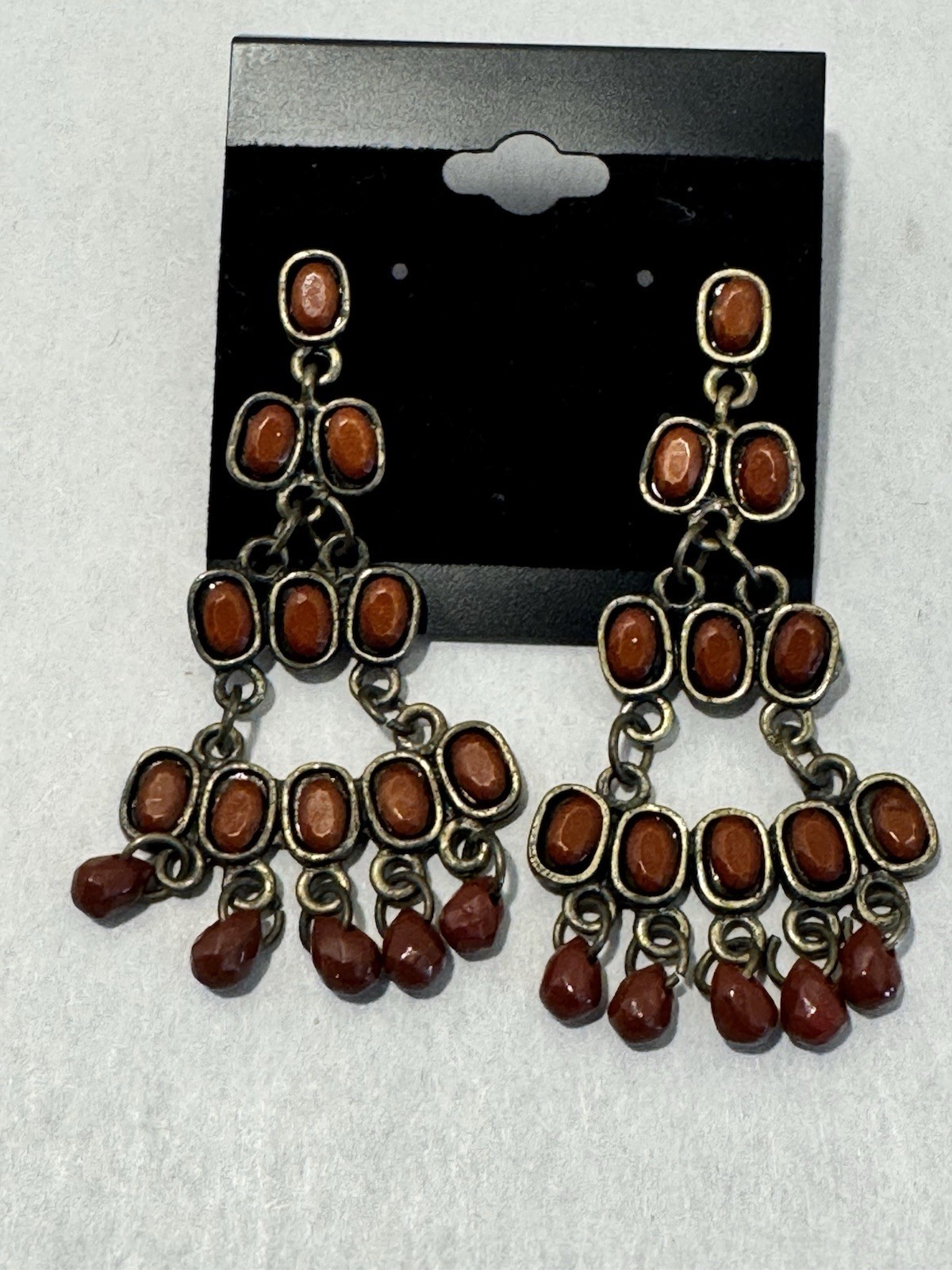 Boho Chandelier Dangle Earrings Red Brown Cabochon Bead Drops