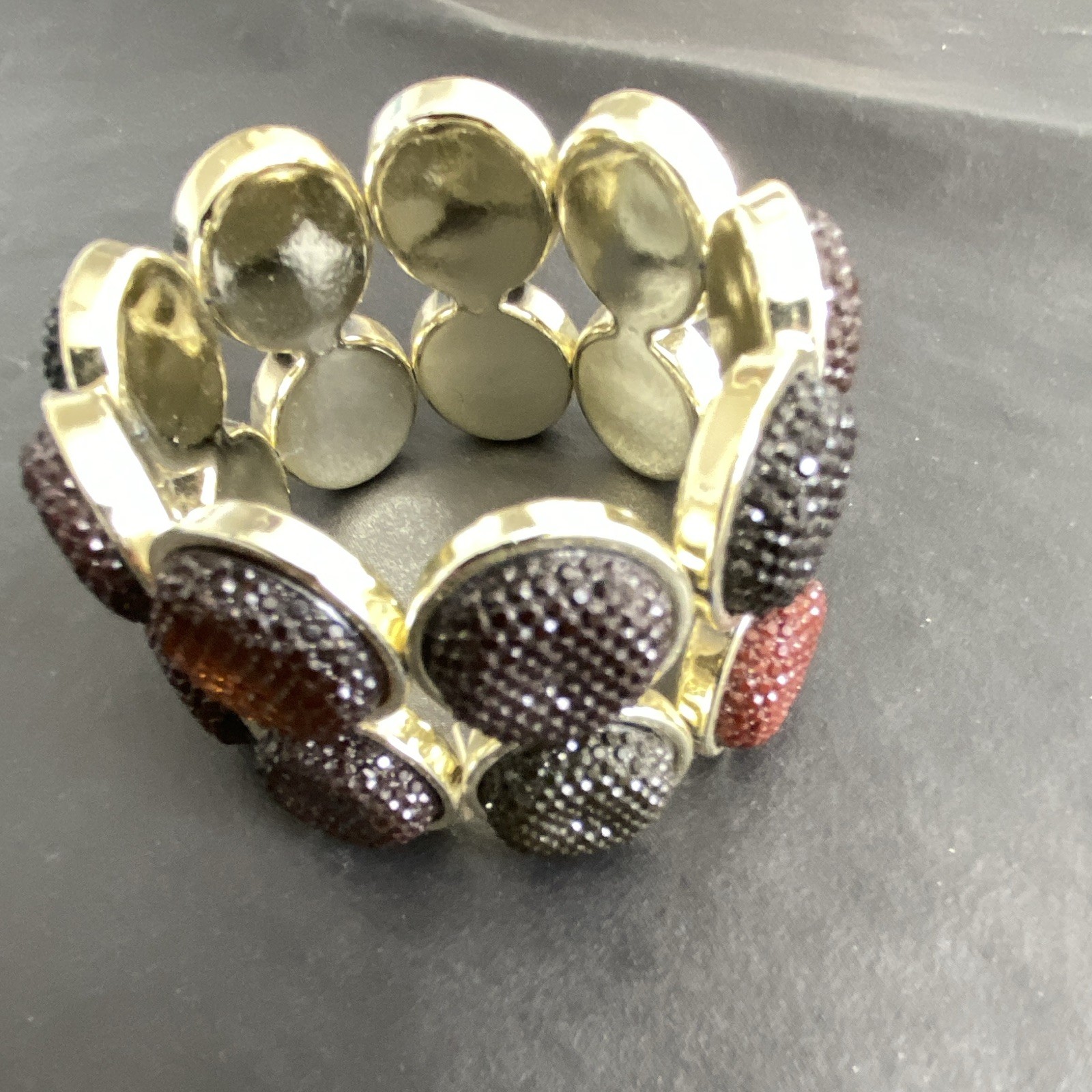 Gold Tone Metal Stretch Cuff Bracelet, Stackable, Round Textured Discs