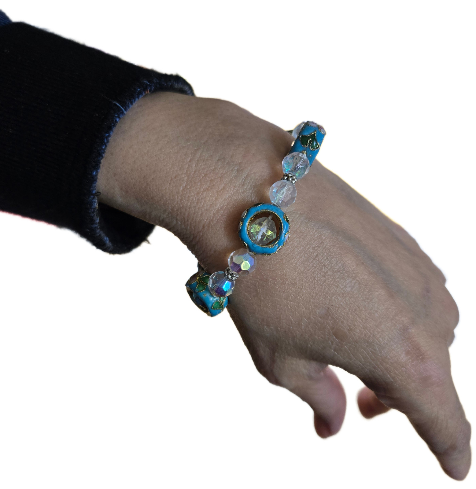 Cloisonné Bracelet Stretch Handmade Beaded Black Blue Turquoise 6 pcs
