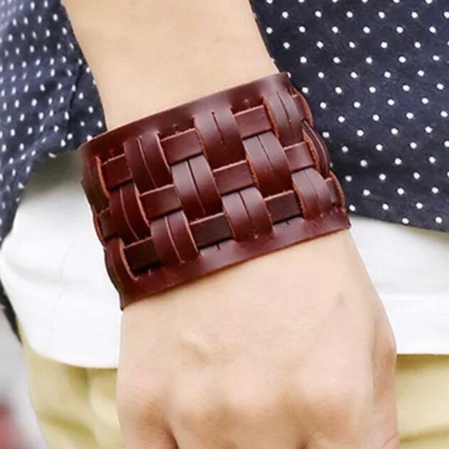 Wide Leather Band Cuff Punk Bracelet Available in Black or Brown