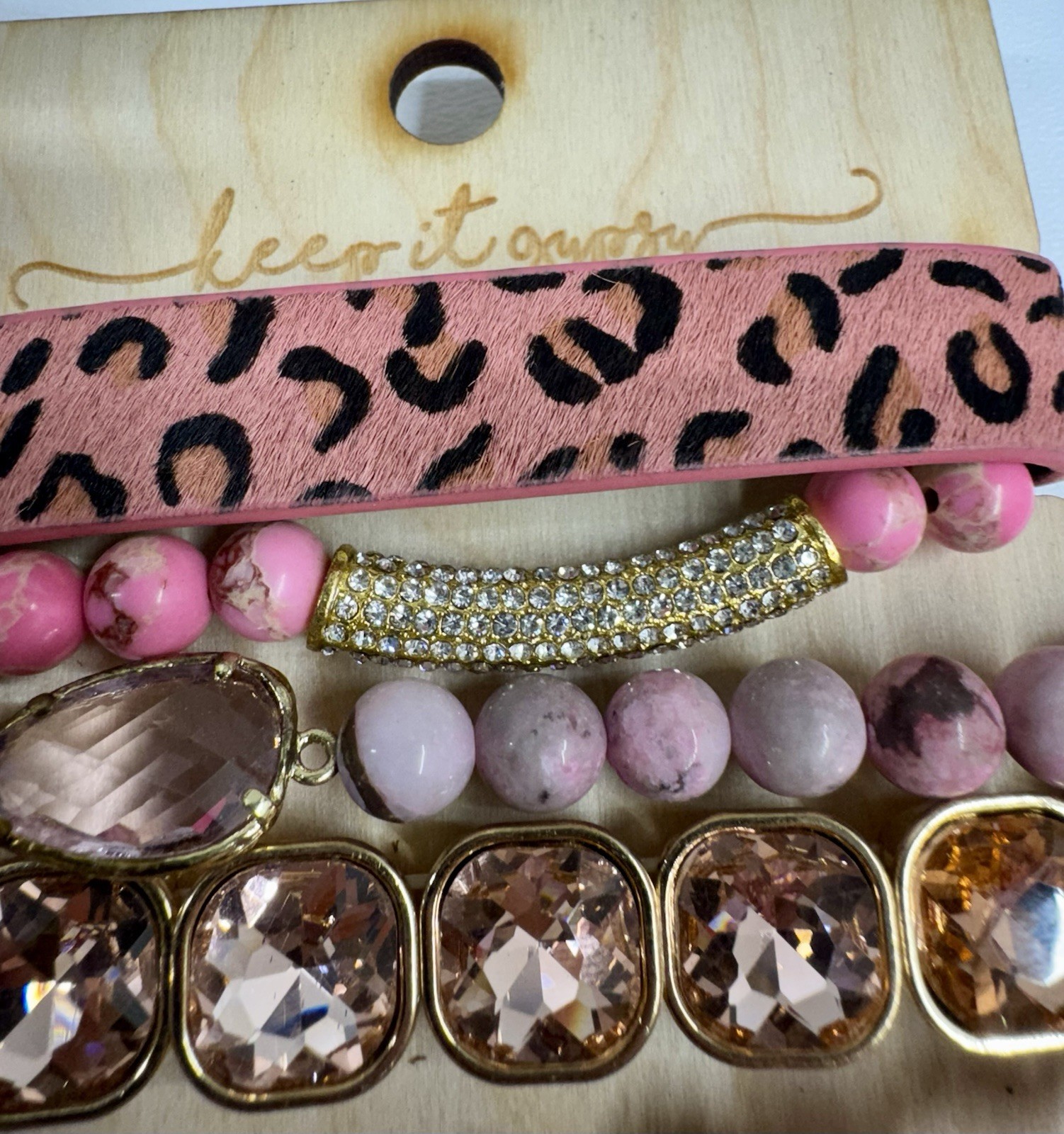 SANDRA LING UPCYCLED BRACELET STACK ACRYLIC AND GLASS LEATHER GOLD TONE PINK