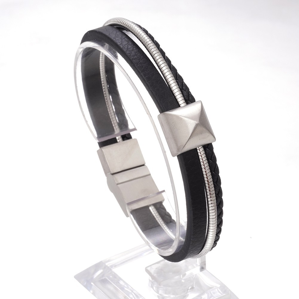 Men’s Braided Leather Bracelet with Stainless Steel Clasps Silver Gold Black