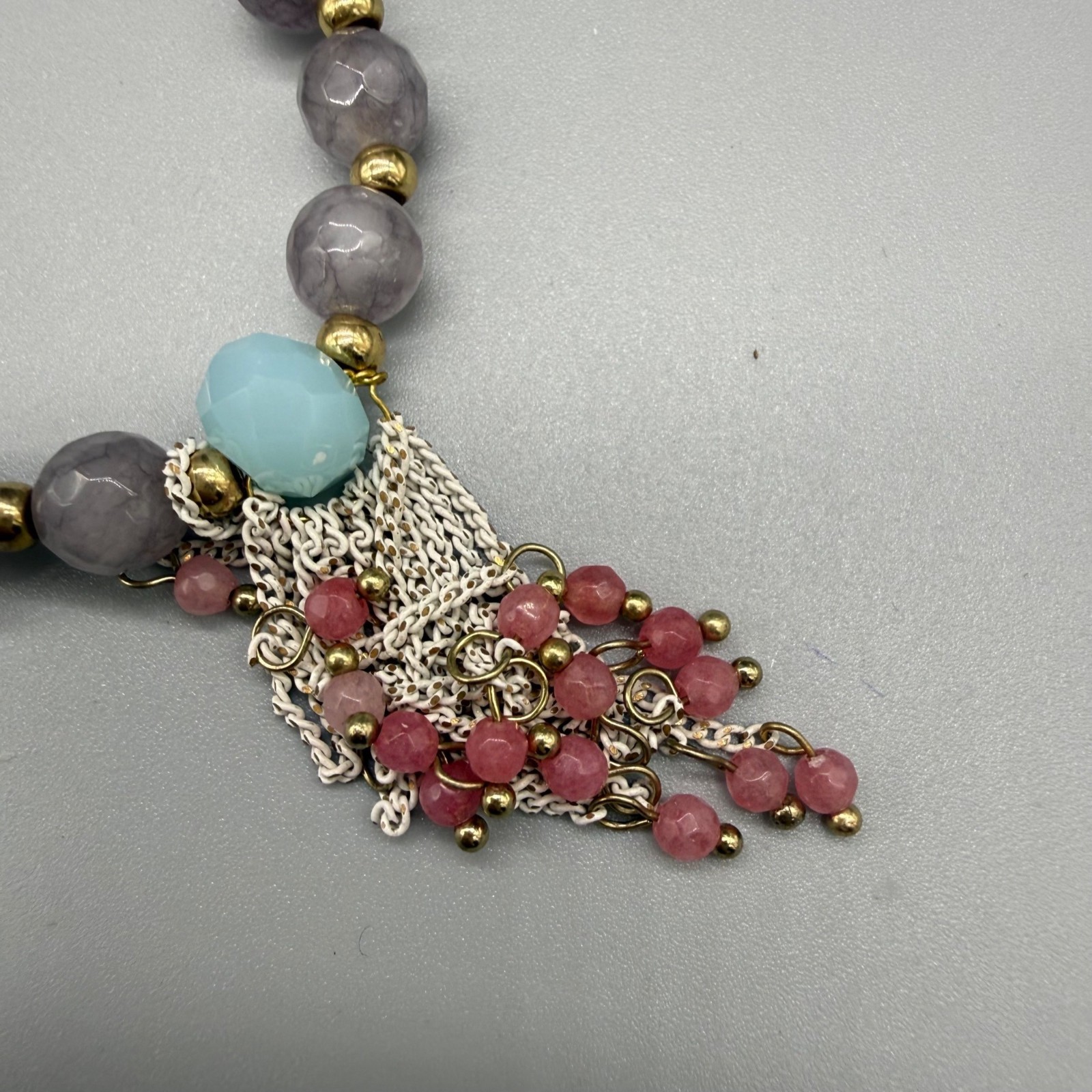 Stone Beaded Stretch Bracelet Blue & Pink Accents Gold Detailing & Chain Tassels