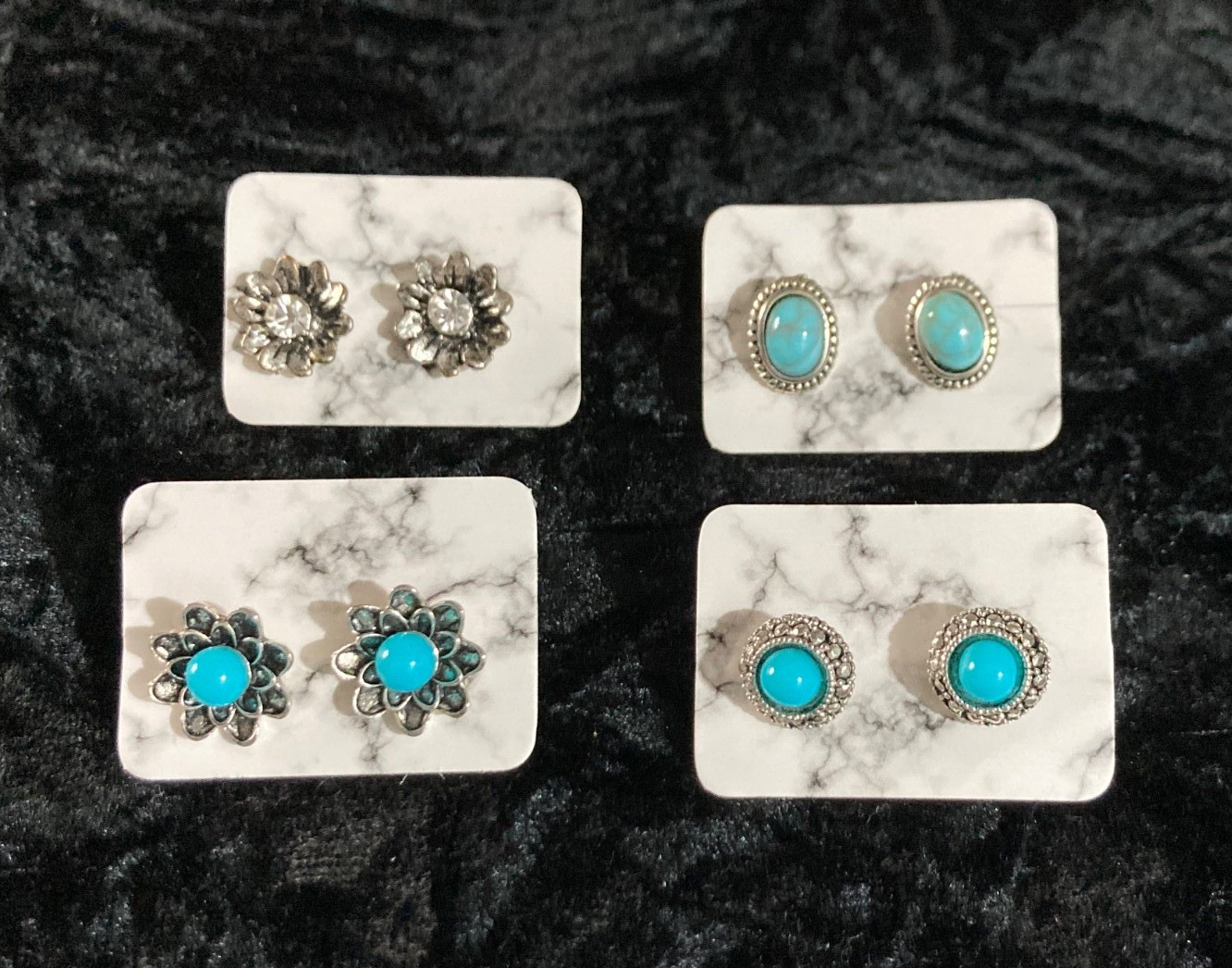 Fashion Stud Earrings 4Pr Faux Blue/Green Turquoise Crystals Silver Alloy