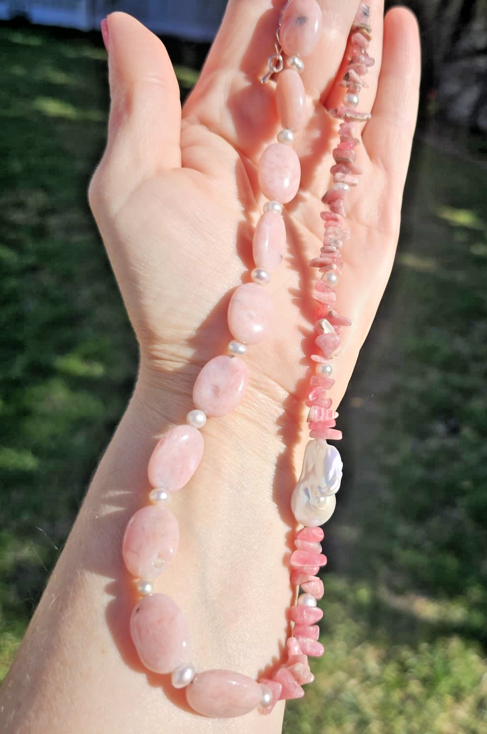 Baroque Pearl, Rose Opal, and Rhodochrosite Beaded Necklace, 20.5 in