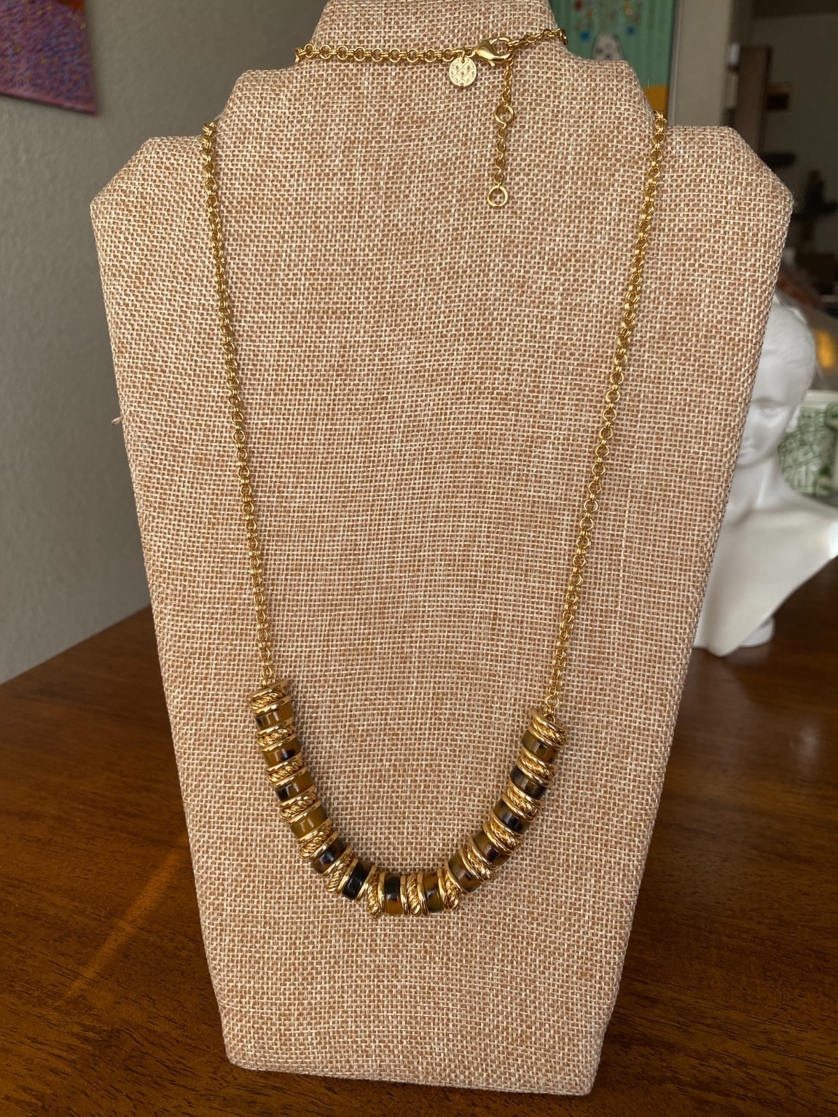 Talbots Tortoise Disc Necklace Gold Tone Rolo Link Chain Smooth & Rope Beads