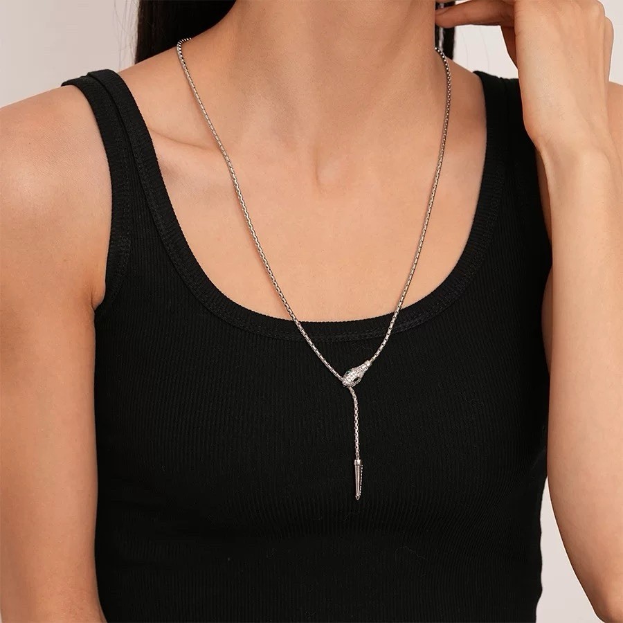 Silver Tone Snake Lariat Necklace 65cm Stainless Steel 18K White Gold Plated CZ
