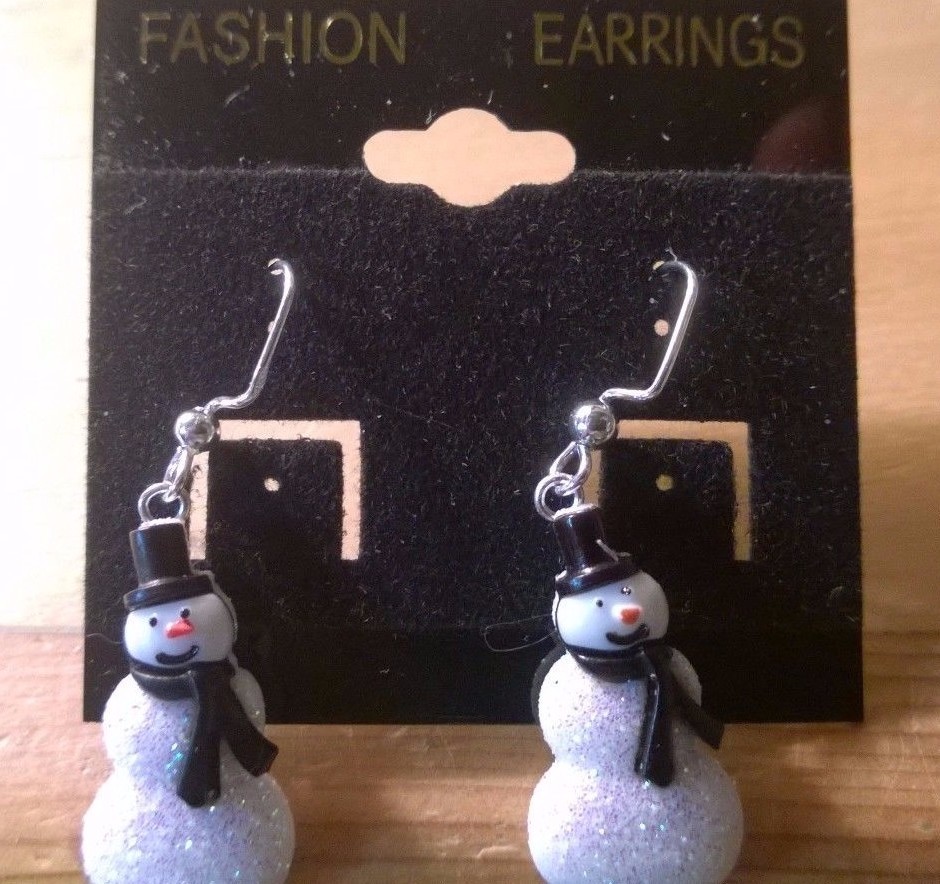 White glitter Snowman with black scarf Silver hook Earrings Ear Decorations