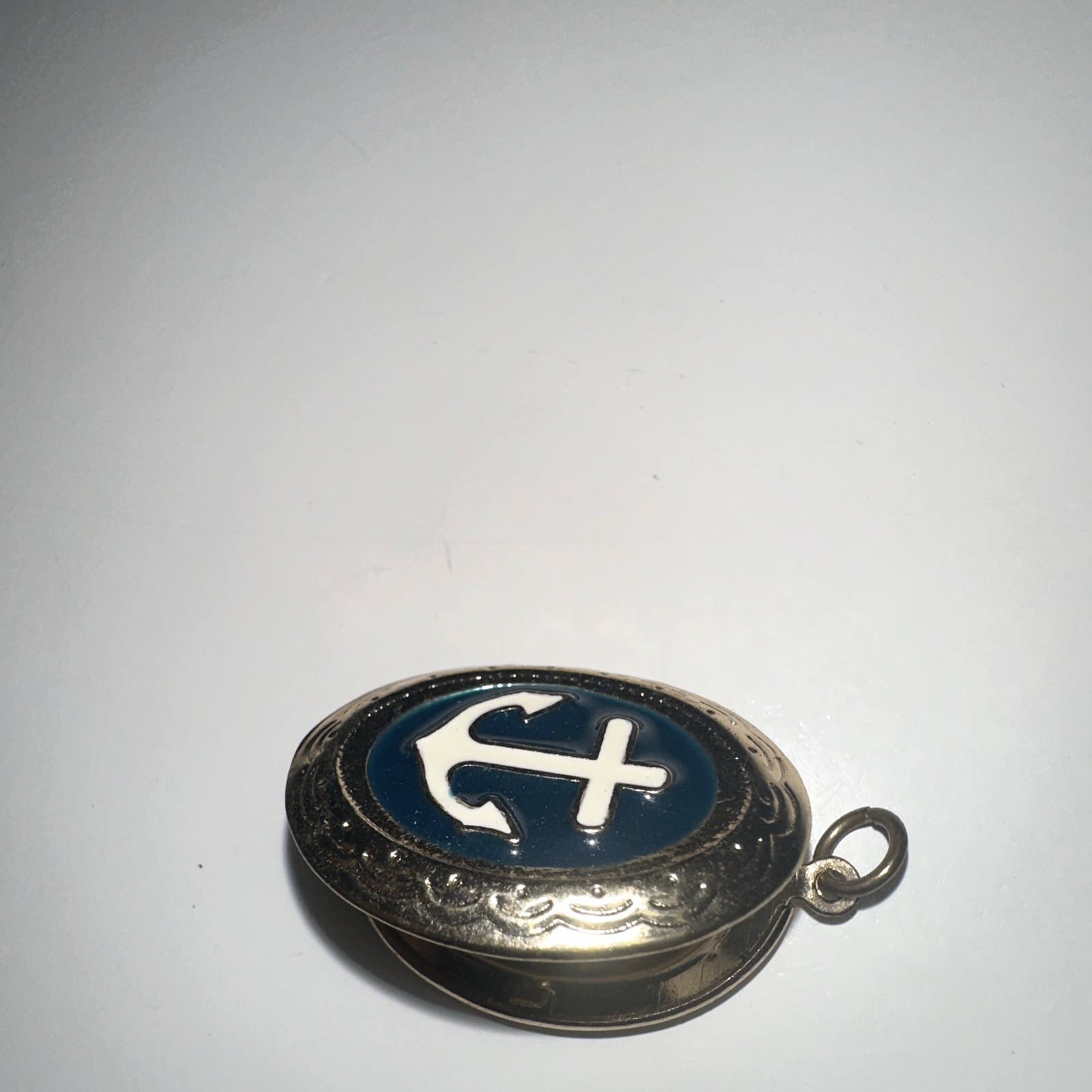 Silver Tone Oval Photo Locket Pendant Blue & White Enamel Anchor Nautical