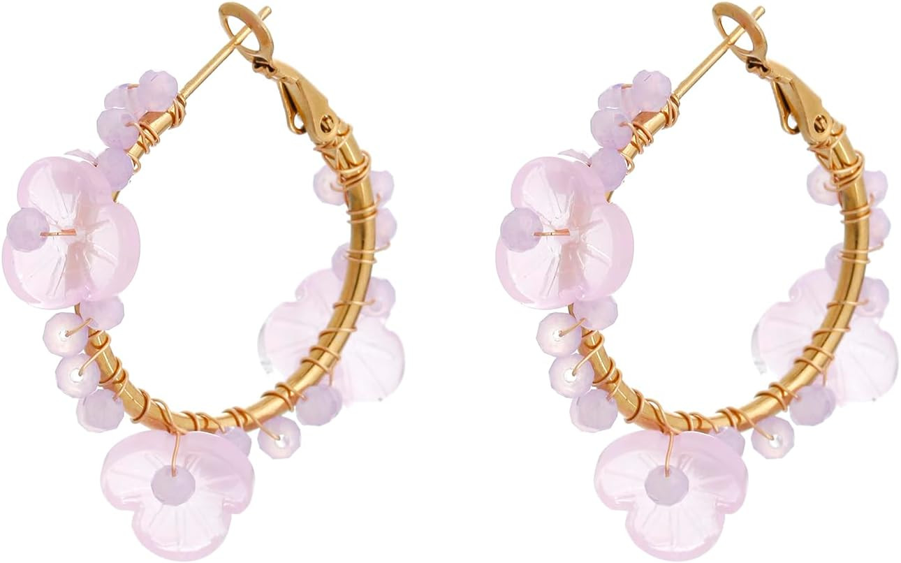 Colorful Beaded Earrings for Women, Boho Flower Hoop Earrings(Light Purple Flora