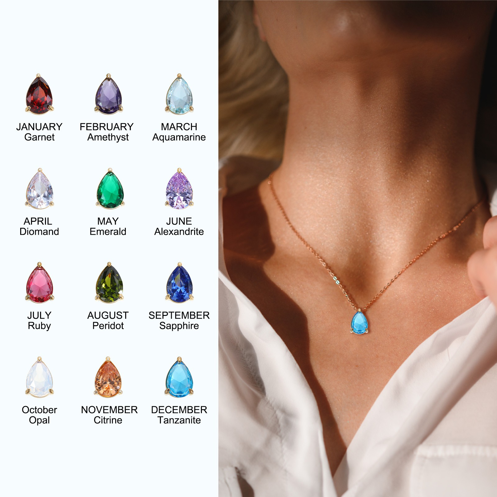 Birthstone Necklace for Women, Teardrop Pendant Necklace, Lake Blue