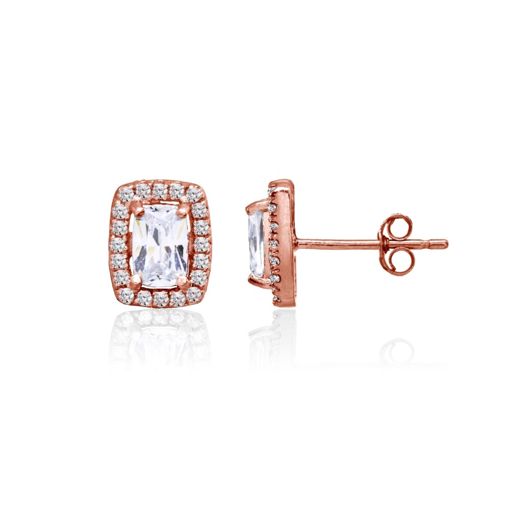 Cushion-Cut Cubic Zirconia Halo Rose Gold Plated Sterling Silver Stud Earrings
