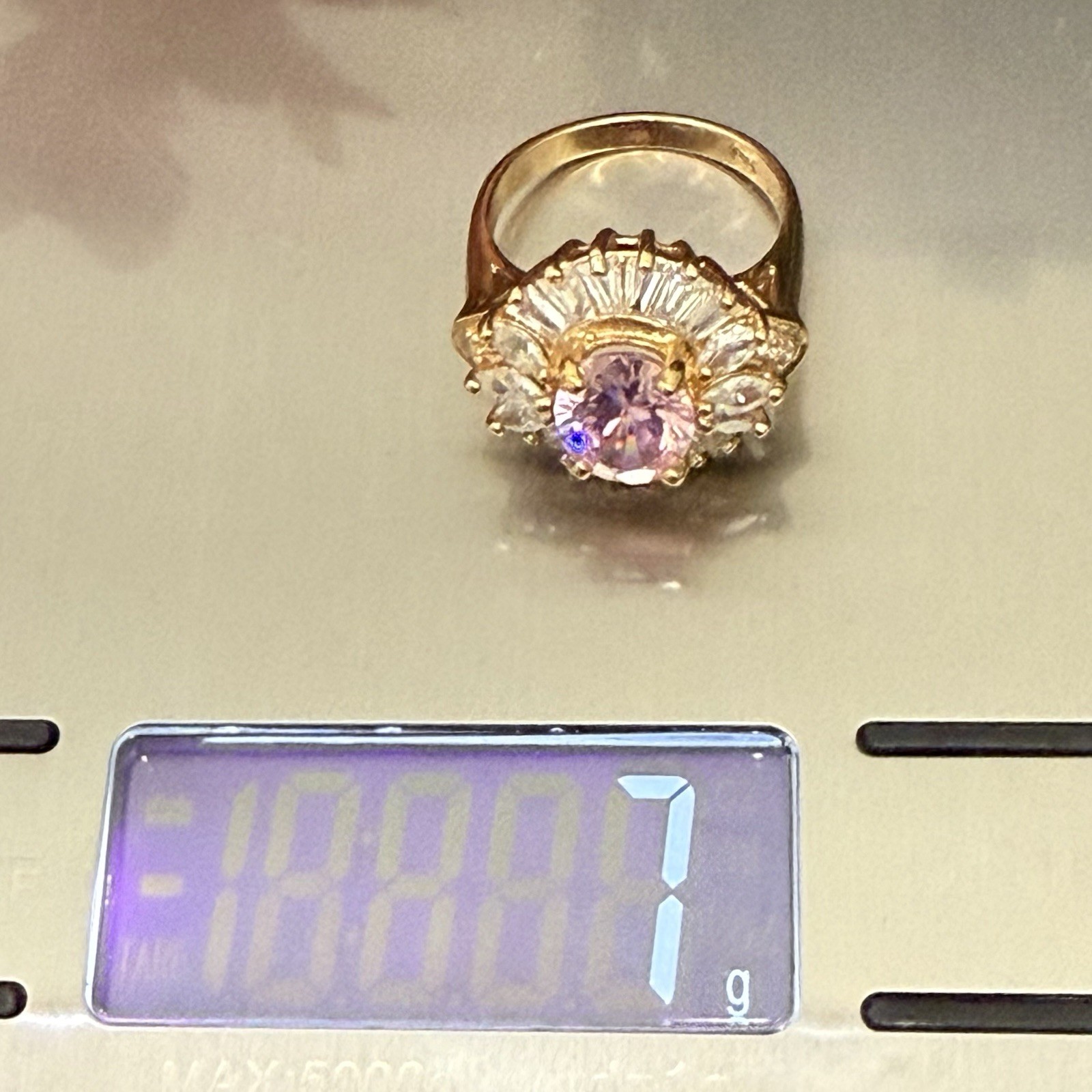 Vintage 925 Gold Over Sterling Pink Oval CZ Flower Cocktail Ring Size 8.5 7g.