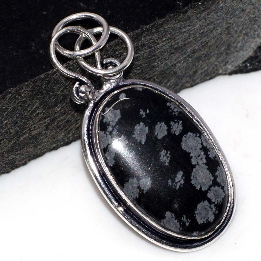925 Silver Plated Snowflake Obsidian Ethnic Pendant Jewelry Size 2″ GW