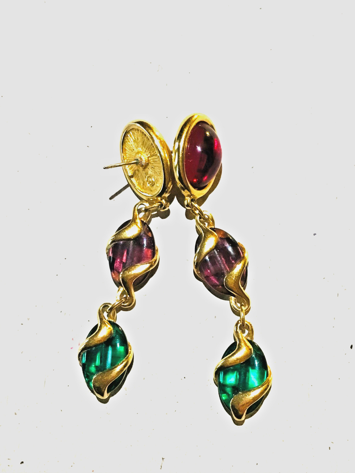 Swarovski Tri-Colored Ruby Emerald Amathyst Crystals Dangle Gold Post Earrings